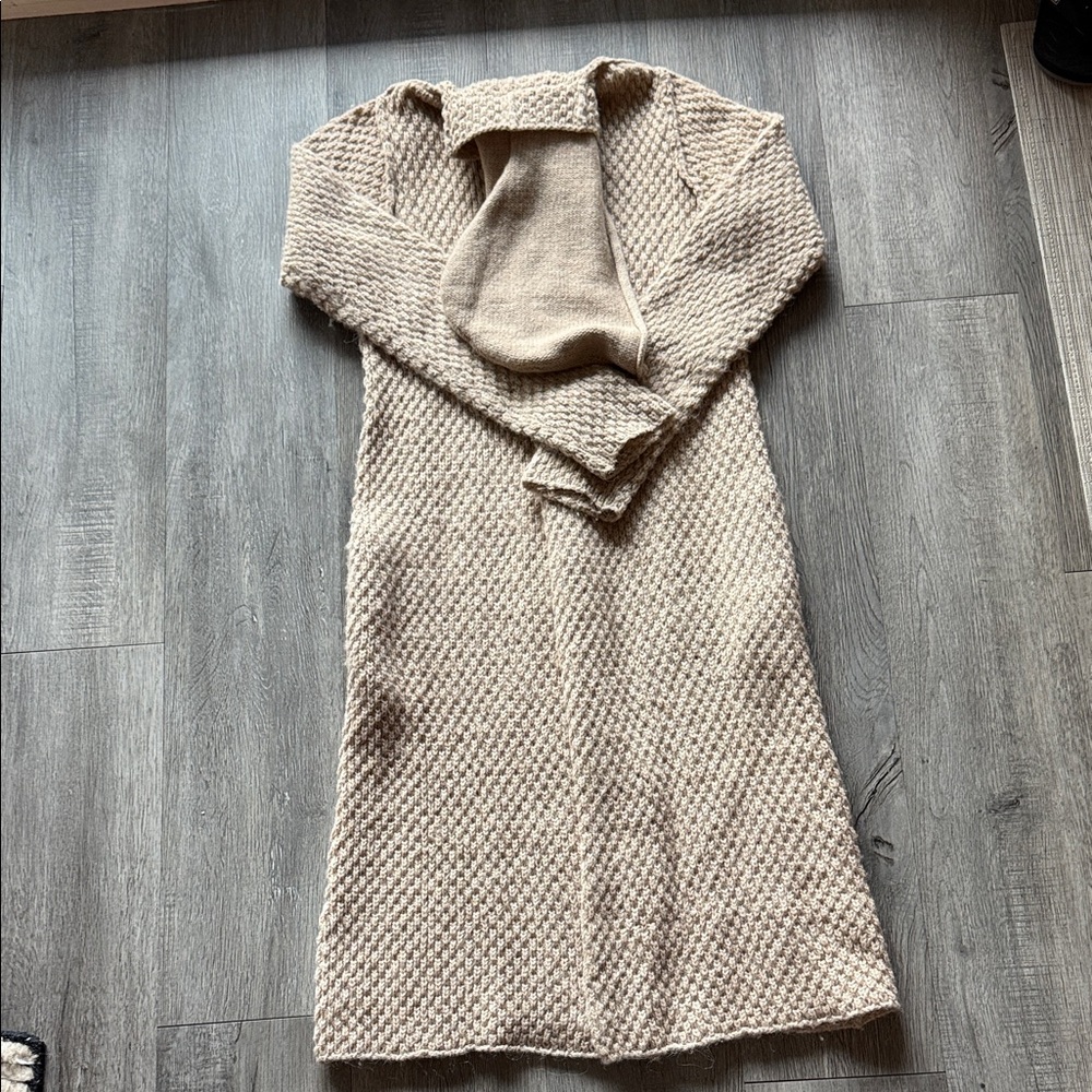 Beige Textured Knit Long Cardigan